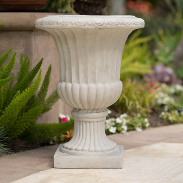 26.5-inch tall antique white Italian urn planter with classic design, decorative floral details, and sturdy ceramic construction.
