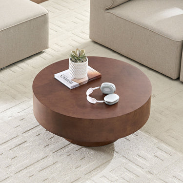 HouseOfZazla 31.49-inch faux burl wood round coffee table with sturdy pedestal base.