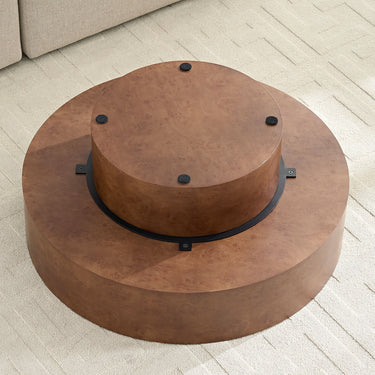 Round coffee table with faux burl wood pattern and sturdy pedestal base, by HouseOfZazla, 31.49 inches in diameter.
