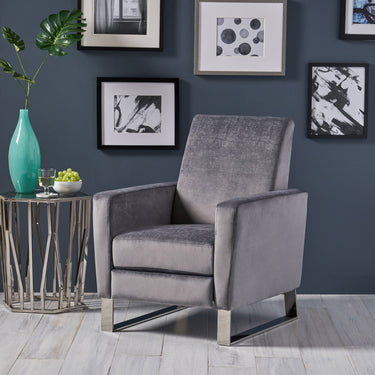 Gray upholstered HouseOfZazla recliner chair with stainless steel base, featuring a cushioned seat and modern chrome accents.