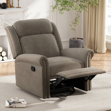 HouseOfZazla 360° swivel manual rocking recliner with adjustable backrest, showing plush cushioning and sturdy base.