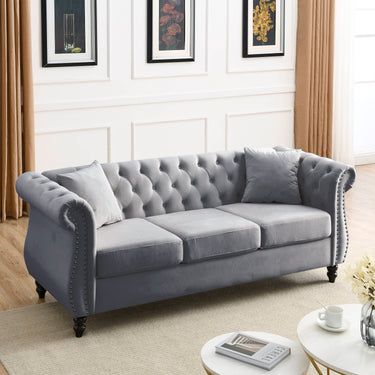 Grey velvet Chesterfield sofa measuring 80 inches from HouseOfZazla, featuring classic tufted design and rolled arms.
