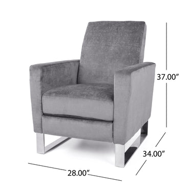Gray Bolt upholstered recliner chair with chrome stainless steel base, showcasing a modern design and plush cushioning.
