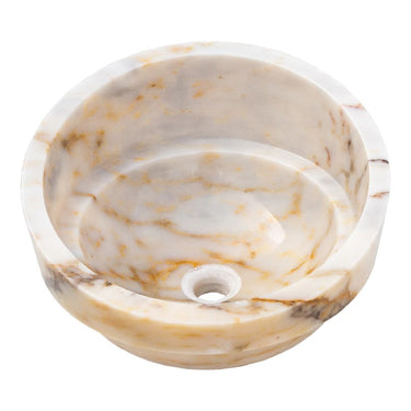 Luvohome Bianco Giallo Marble vessel sink bowl with polished finish, 16-inch diameter and 9-inch height, natural stone design.