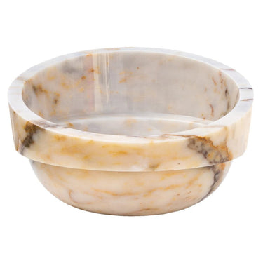 Luvohome Bianco Giallo marble vessel sink bowl with polished finish, 16-inch diameter and 9-inch height, natural stone bathroom fixture.