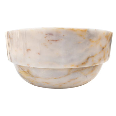 Luvohome Bianco Giallo marble vessel sink bowl, polished natural stone, 16-inch diameter and 9-inch height for bathroom decor.