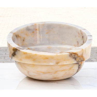 Luvohome Bianco Giallo marble vessel sink bowl, polished natural stone, 16-inch diameter, 9-inch height for bathroom decor.