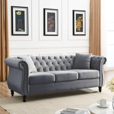 80-inch grey velvet Chesterfield sofa by HouseOfZazla with tufted back and rolled arms in a stylish living room setting.