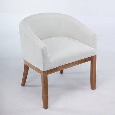 HouseOfZazla mid-century modern upholstered barrel dining chair with armrests, showcasing plush fabric and sleek wooden legs.
