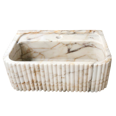 Luvohome Calacatta Gold marble wall-mounted bathroom vanity sink with fluted sides, 36-inch length, 18-inch width, and 7-inch height.