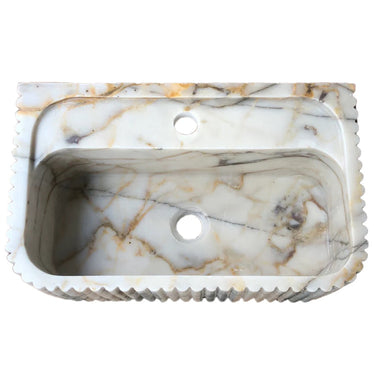 Luvohome Calacatta Gold marble wall-mounted bathroom vanity sink, fluted design, top view, 36-inch length, 18-inch width, 7-inch height.