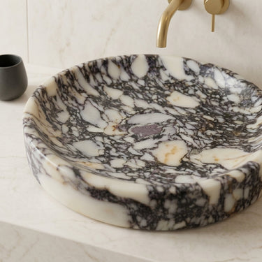 Luvohome Calacatta Viola marble round above-counter bathroom sink with polished finish, 15.5-inch diameter and 4.5-inch height.