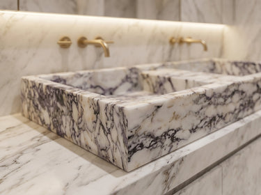 Luvohome Calacatta Viola marble double bathroom sink with polished finish, 19" wide, 53" long, 6" high natural stone vanity.