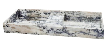 Luvohome Calacatta Viola marble double bathroom sink, polished natural stone, wall-mounted, rectangular with side-angle view.