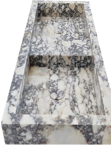 Luvohome Calacatta Viola marble double bathroom sink, polished rectangular wall-mount design, natural stone with sleek side view.