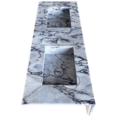 Calacatta Viola Marble Handcrafted Wall-Mount Bathroom Double Basin Vanity Sink (W)22" (L)67" (H)8"