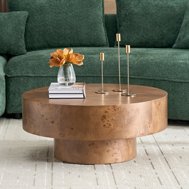 Round coffee table with burl wood veneer top and black metal legs, modern design by HouseOfZazla