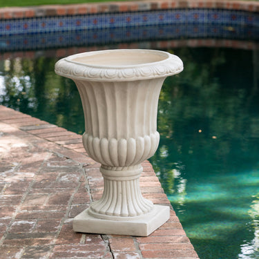 Classic 26.5-inch antique white Italian urn planter by HouseOfZazla with ornate detailing and a vintage ceramic finish.