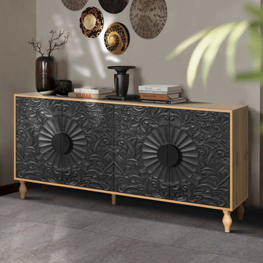 Black carved symmetrical design door sideboard with wood-colored frame, HouseOfZazla buffet for living room storage.
