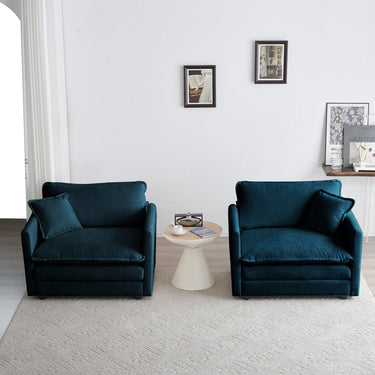 Set of two blue chenille upholstered accent chairs with armrests, perfect for stylish living room seating.