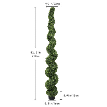7-foot spiral topiary trees from HouseOfZazla, artificial outdoor faux boxwood plants with lush green foliage in decorative planters.