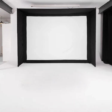 GolfBays EasySim golf simulator enclosure by GolfbaysUSA, featuring a spacious, protective enclosure for indoor golf simulation setup.