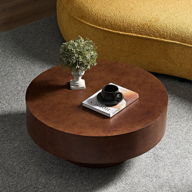 HouseOfZazla 31.49-inch round faux burl wood coffee table with sturdy pedestal base, stylish and functional living room furniture.