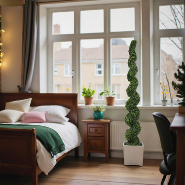 7FT artificial Spiral Topiary Tree from HouseOfZazla, outdoor faux boxwood plant with lush green foliage in a decorative container