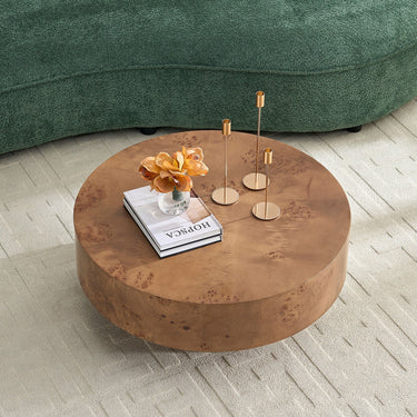 HouseOfZazla 31.49-inch round coffee table with burl wood veneer top, showcasing a sleek and stylish design.