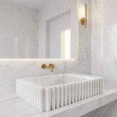 Carrara white marble wall-mount bathroom vanity sink with fluted design, 12-inch wide and 20-inch long stone sink by Luvohome.
