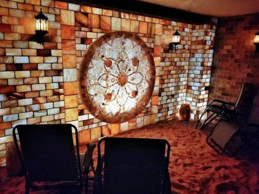 Himalayan salt room with 4x4 foot surface area, made of black Tai Salt Co. salt bricks and plates, 8x8x2 inches.