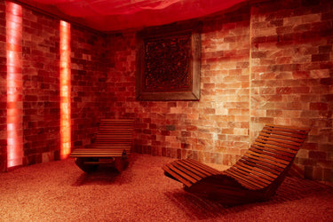 Himalayan salt room with black Tai Salt Co. salt bricks, 4x4 feet surface area, showing 8x8x2-inch salt plates.