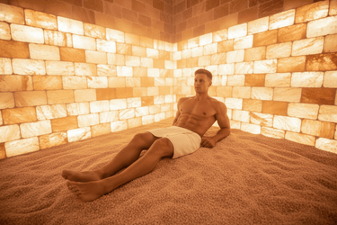 Himalayan Salt Fine flooring from Black Tai Salt Co. shown on sauna surface, 8x4 feet, covering 35 sq feet.