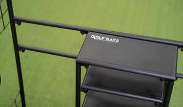 GolfBaysUSA single golf bag display storage organizer with multiple compartments, designed for efficient golf equipment organization.