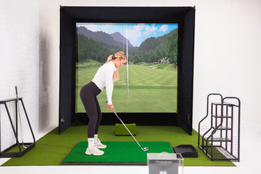 GolfbaysUSA SimBox Golf Simulator Enclosure with impact screen, frame, and free side barriers in various sizes, for indoor golf practice.