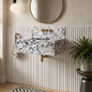 Luvohome Calacatta Viola marble rectangular wall-mount bathroom sink with 10-inch backsplash, measuring 16x32 inches.