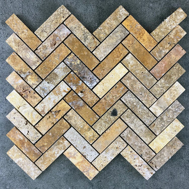 Scabos Travertine 1"x3" Herringbone on 12" x 12" Mesh Mosaic Tile