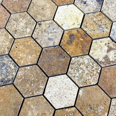 Scabos Travertine 2" Hexagon on 12" x 12" Mesh Mosaic Tile