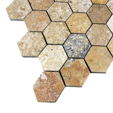 Scabos Travertine 2" Hexagon on 12" x 12" Mesh Mosaic Tile