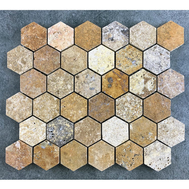 Scabos Travertine 2" Hexagon on 12" x 12" Mesh Mosaic Tile