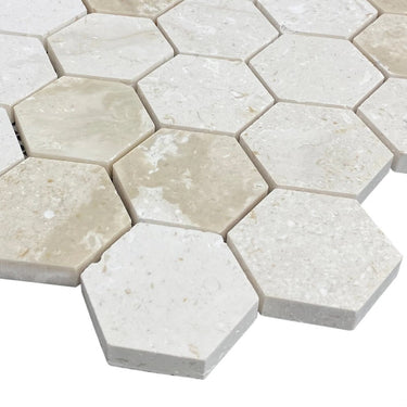 Shell Stone Limestone 2" Hexagon Honed on 12" x 12" Mesh Mosaic Tile