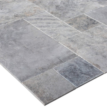 Silver Antique French Pattern Set Travertine Tile-Brushed and Chiseled