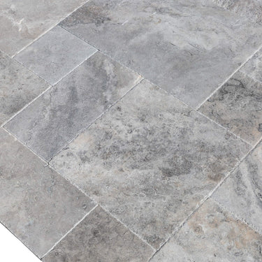 Silver Antique French Pattern Set Travertine Tile-Brushed and Chiseled