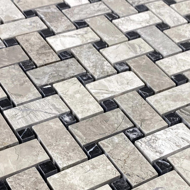 Silver Shadow Marble Basketweave Design on 12" x 12" Mesh Mosaic Tile