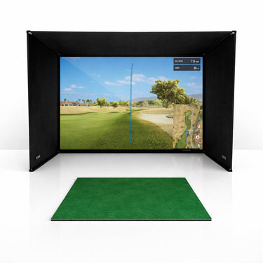 GolfbaysUSA SimBox Golf Simulator Enclosure with impact screen, frame, and free side barriers, available in 7 sizes for indoor golf.