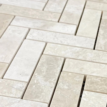 Vanilla Beige 1"x3" Herringbone on 12" x 12" Mesh Mosaic Tile