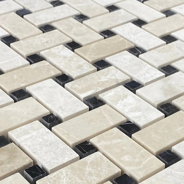 Vanilla Beige Marble Basketweave Design on 12" x 12" Mesh Mosaic Tile